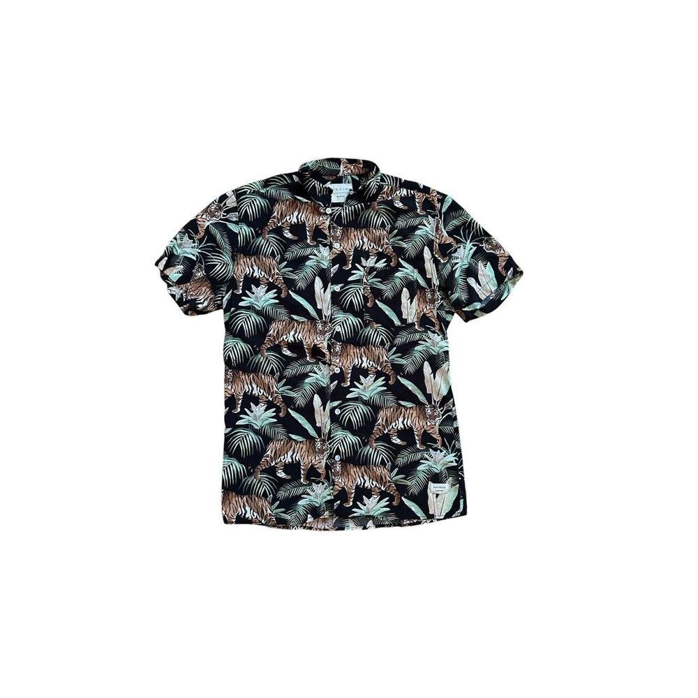 Duvin Camp Shirt Mens Medium Black Jungle Palm Tiger Rayon Lightweight